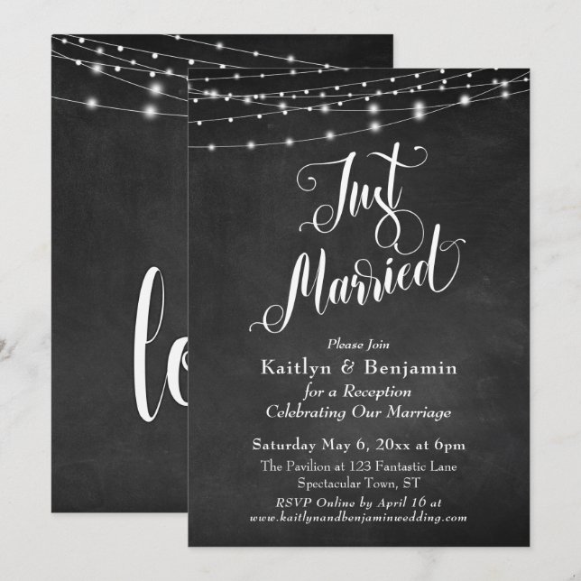 Invitación Luces de Cuerda de Pizarra Recepción Recién Casado (Anverso / Reverso)