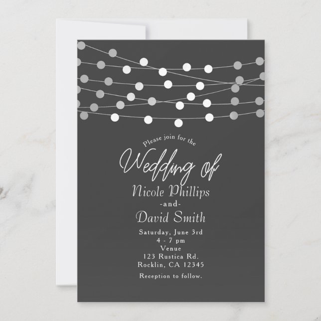 Invitación Luces de Cuerda de Plata Gris Bodas Modernas (Anverso)