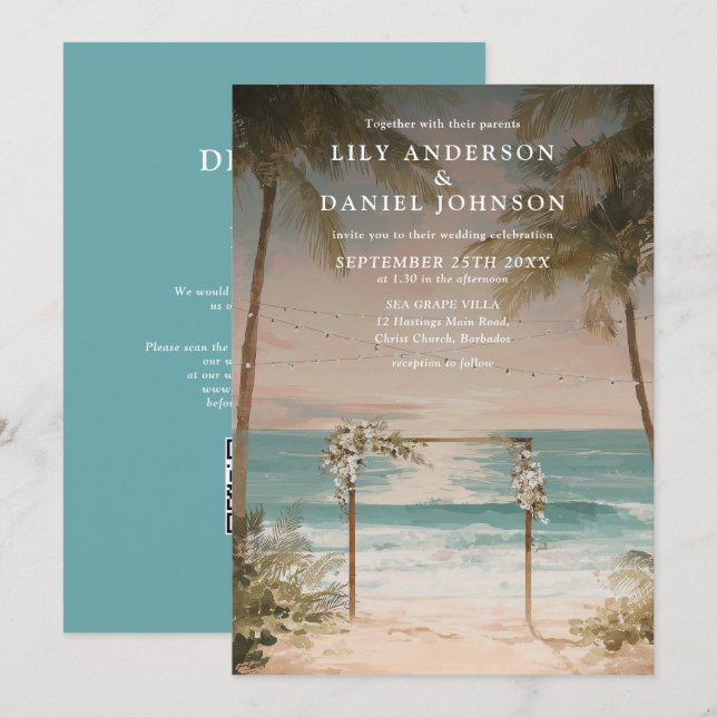Invitación Luces de Cuerda de Playa del Océano Elegantes Códi (Anverso / Reverso)