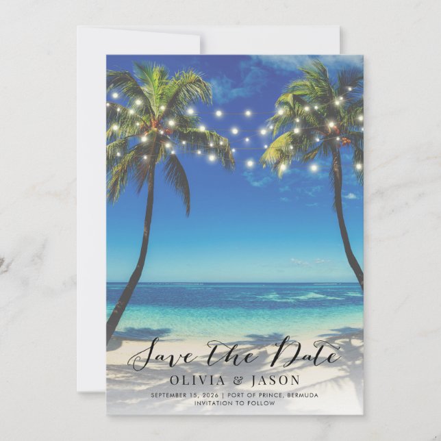 Invitación Luces de Cuerda de Playa Elegantes para Boda Save  (Anverso)