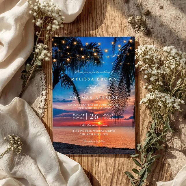Invitación Luces de Cuerda de Puesta de Sol Tropical Palma Có (Subido por el creador)