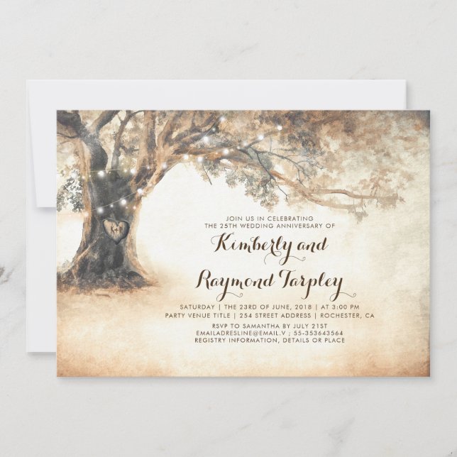 Invitación Luces de Cuerda de Roble Rústico para Boda Anivers (Anverso)