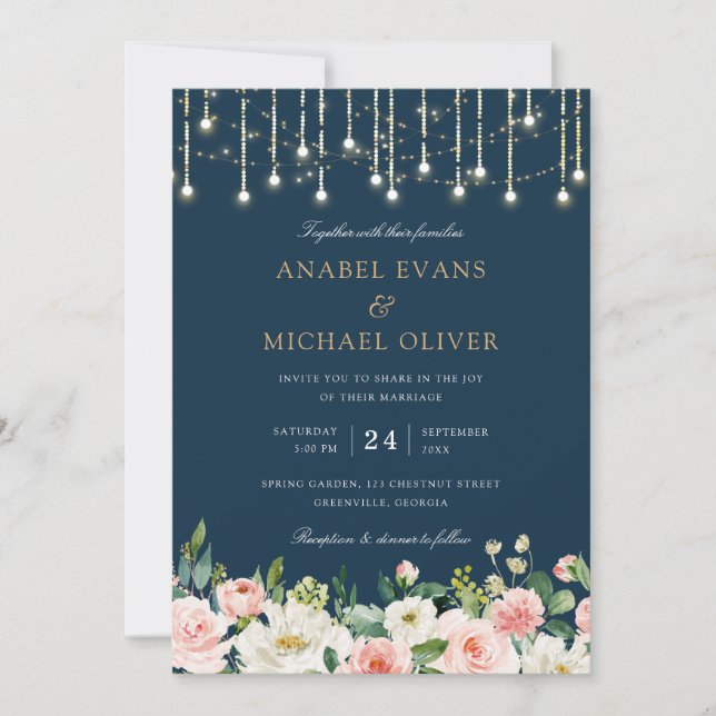 Invitación Luces de Cuerda de Rosa Floral Elegante Boda Marin (Anverso)