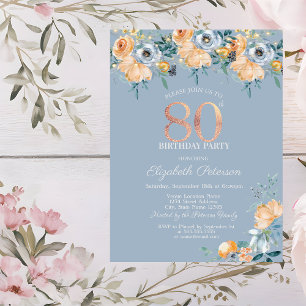 Invitación Luces de Cuerda de Rosas Azul Polvo Cumpleaños 80