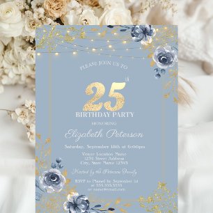 Invitación Luces de Cuerda de Rosas Azules Polvo Azul 25 Cump