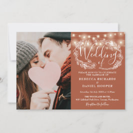 Invitación Luces de Cuerda de Terracota Floral Foto Boda