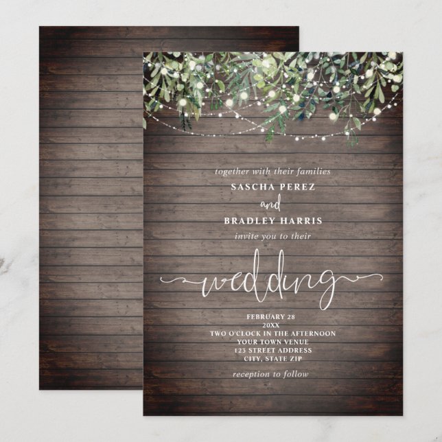 Invitación Luces de Cuerda de Vegetación en Tablón de Madera  (Anverso / Reverso)