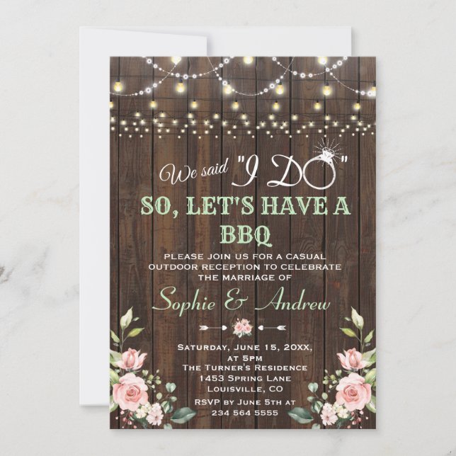 Invitación Luces de Cuerda de Viejo Granero Floral Rosado Des (Anverso)