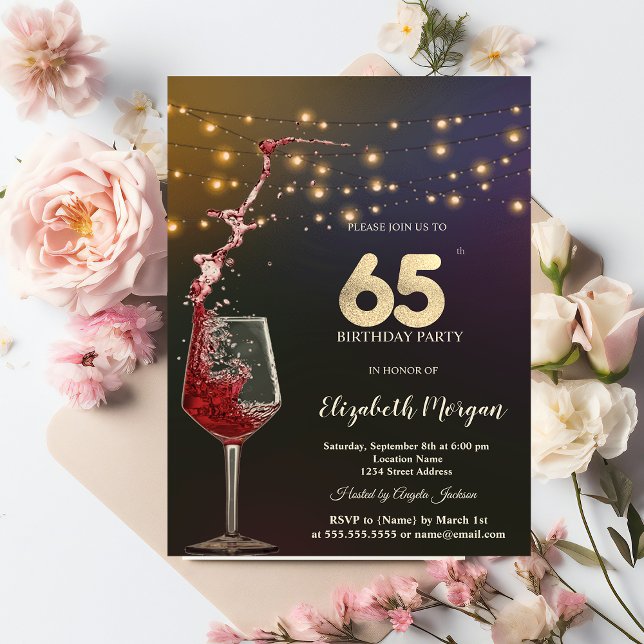 Invitación Luces de Cuerda de Vino Tinto Cumpleaños 65 (Subido por el creador)