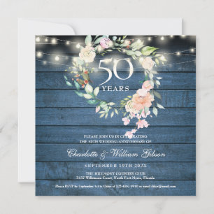Invitación Luces de Cuerda del 50 Aniversario Floral Azul Rús