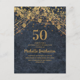 Invitación Luces de Cuerda Dorada Azul Marinho Elegantes Cump