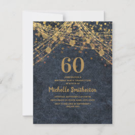 Invitación Luces de Cuerda Dorada Azul Marinho Elegantes Cump