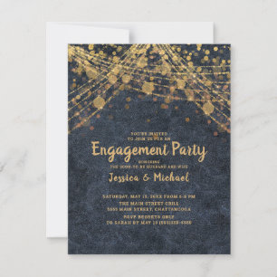 Invitación Luces de Cuerda Dorada Azul Marino Elegantes para
