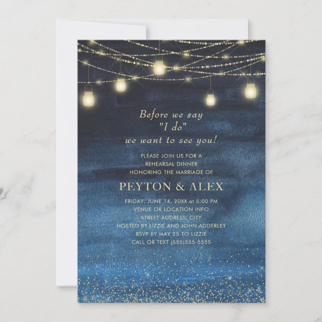 Invitación Luces de Cuerda Doradas Azules de Marina Antes de  (Anverso)