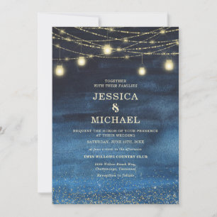 Invitación Luces de Cuerda Doradas Azules Marinos Boda