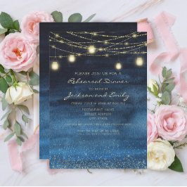 Invitación Luces de Cuerda Doradas Azules Marinos Cena de Ens