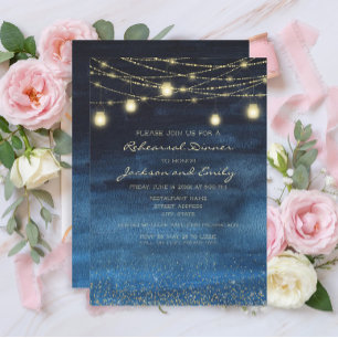 Invitación Luces de Cuerda Doradas Azules Marinos Cena de Ens