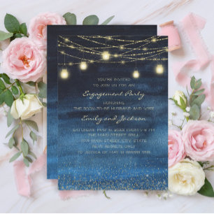 Invitación Luces de Cuerda Doradas de Azul Marino para Fiesta