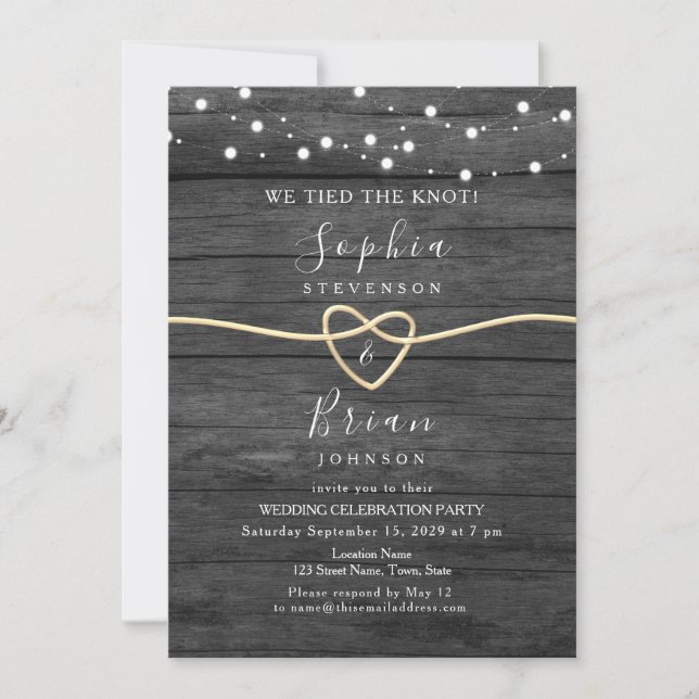 Invitación Luces de Cuerda Doradas de Madera Rústica para Bod (Anverso)