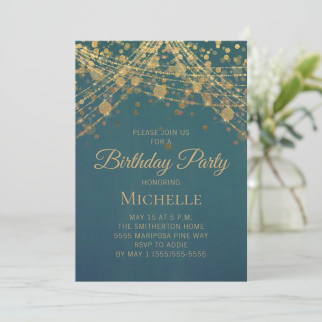 Invitación Luces de Cuerda Doradas Turquesa Cumpleaños de Muj (Anverso de pie)