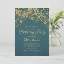 Invitación Luces de Cuerda Doradas Turquesa Cumpleaños de Muj