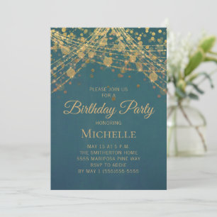 Invitación Luces de Cuerda Doradas Turquesa Cumpleaños de Muj