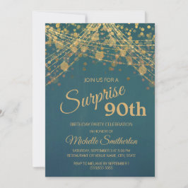 Invitación Luces de Cuerda Doradas Turquesa Sorpresa 90 Cumpl