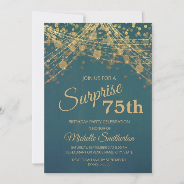 Invitación Luces de Cuerda Doradas Verde Azul Sorpresa 75 Cum (Anverso)