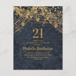 Invitación Luces de Cuerda Elegantes Azul Marino y Dorado Cum