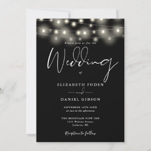 Invitación Luces de Cuerda Elegantes Boda en Blanco y Negro