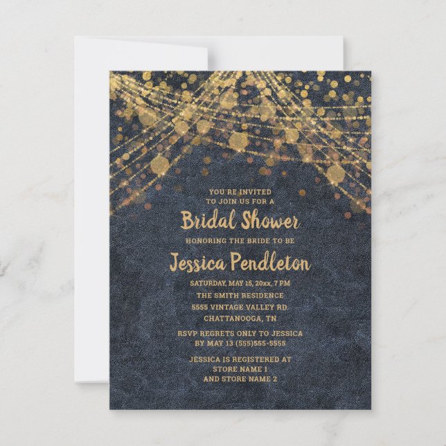 Invitación Luces de Cuerda Elegantes de Azul Marino y Oro par (Anverso)