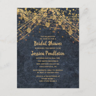 Invitación Luces de Cuerda Elegantes de Azul Marino y Oro par