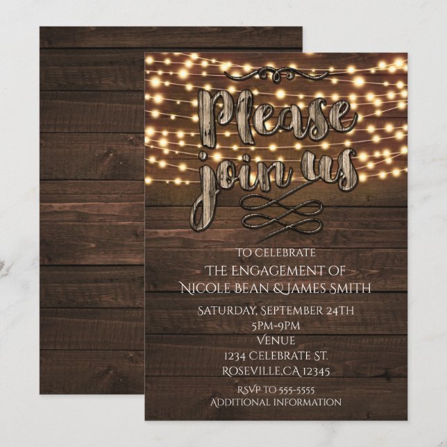 Invitación Luces de Cuerda Elegantes de Madera Rústica Invita (Anverso / Reverso)