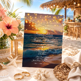 Invitación Luces de Cuerda Elegantes de Playa en el Atardecer