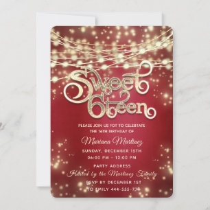 Invitación Luces de cuerda elegantes y rojas chispa de oro