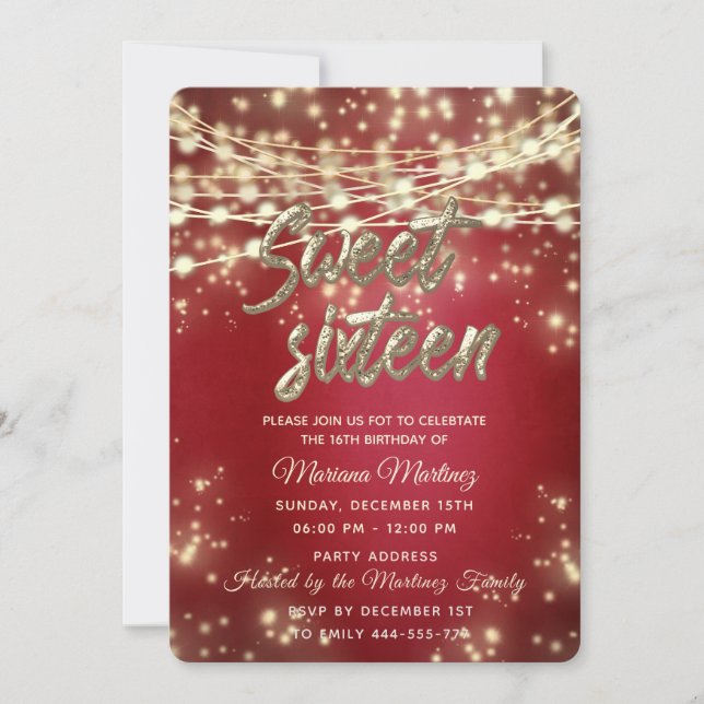 Invitación Luces de cuerda elegantes y rojas chispa de oro (Anverso)