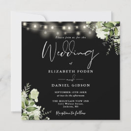 Invitación Luces de Cuerda en Blanco y Negro Floral Foto Boda