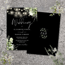 Invitación Luces de Cuerda en Blanco y Negro para Boda Floral