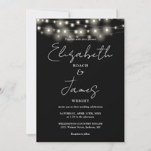 Invitación Luces de Cuerda en Negro y Blanco Boda con Letra C