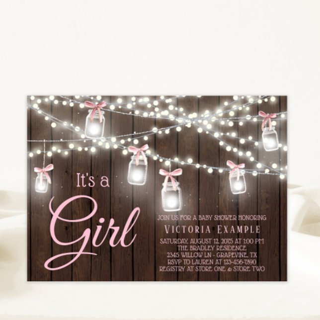 Invitación Luces de Cuerda en Tarro de Mason Rústico para Bab (Cute rustic string lights, jars and bows baby shower invitation. Simply add your event details.)