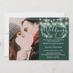 Invitación Luces de Cuerda Esmeralda Foto Boda Todo en Uno