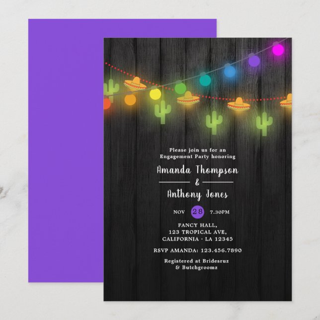 Invitación Luces de Cuerda Festivas Fiesta de Compromiso (Anverso / Reverso)