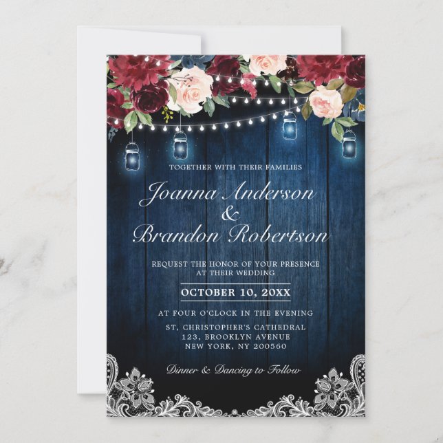 Invitación Luces de cuerda floral borgoñona Mason Jar Boda (Anverso)