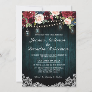 Invitación Luces de cuerda floral borgoñona Mason Jar Boda