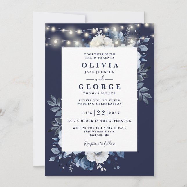 Invitación Luces de Cuerda Florales Azul Marino Código QR Bod (Anverso)