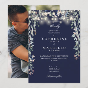 Invitación Luces de Cuerda Florales Azules Marinos Foto Boda