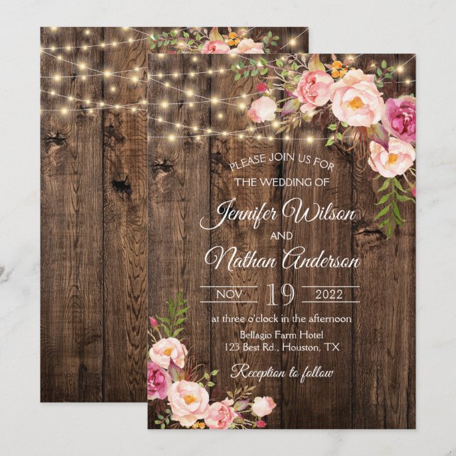 Invitación Luces de Cuerda Florales Boho de Madera Rústica Bo (Anverso / Reverso)