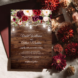Invitación Luces de Cuerda Florales de Borgoña Rústicas para