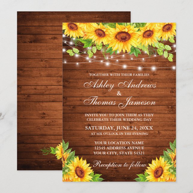 Invitación Luces de Cuerda Florales de Girasol Rústico (Anverso / Reverso)
