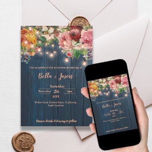 Invitación Luces de Cuerda Florales de Madera Azul Bodas Rúst